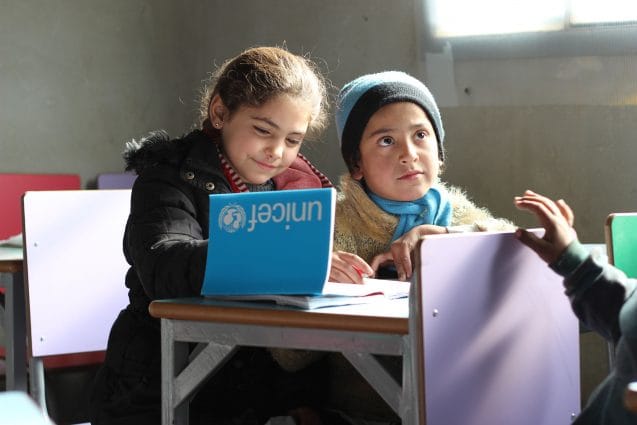 On 9 December 2016, children at Jibreen shelter attend basic preparation classes in 20 classrooms rehabilitated by UNICEF and other education sector partners. The makeshift school now welcomes 900 displaced children, bringing some critical structure, fun and routine back to their lives. UNICEF trained 14 teachers on its Curriculum B programme, especially designed to help children who had been forced out of school to catch up with their peers and complete their basic education in half the required time. UNICEF also provided the children with new school bags and stationary. Some 31,5000 people are reported to have been displaced from and within eastern Aleppo City since 24 November. Temperatures are dropping quickly and heavy rainfall has made conditions even worse over the past few days. UNICEF is providing blankets and winter clothing, as well as access to safe water, essential medical care, including vaccinations and psychosocial support for children who have lived through such horrors. In Jibreen, to the east of Aleppo City, children and their families displaced by recent fighting in eastern Aleppo take shelter in a large warehouse in an area under Government control. Some 8,000 people are sheltering there. In Hanano, in east Aleppo City was the first district to be retaken by Government forces on 27 November. People are now moving back to the area as the frontline of fighting has moved further away. This includes families returning to their homes, as well as displaced families from other areas of east Aleppo.